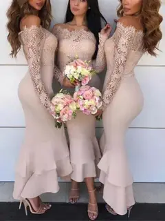 Trumpet/Mermaid Off-the-Shoulder Long Sleeves Asymmetrical Bridesmaid Dresses with Ruffles — view 3