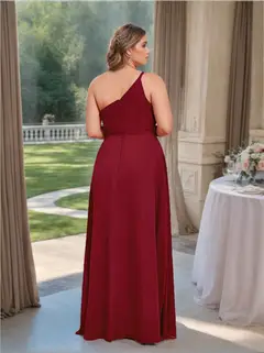 A-Line/Princess One-Shoulder Sleeveless Floor-Length Chiffon Plus Size Bridesmaid Dress With Split Side — view 2