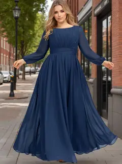 A-Line/Princess Scoop Long Sleeves Floor-Length Plus Size Bridesmaid Dress With Ruffles — view 1