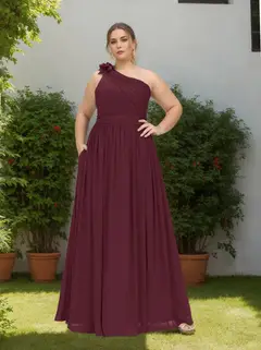 A-Line/Princess One-Shoulder Sleeveless Floor-Length Chiffon Plus Size Bridesmaid Dress With Ruffles — view 1