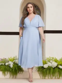 A-Line/Princess V-Neck Short Sleeves Tea-Length Plus Size Bridesmaid Dresses with Ruffles — view 1