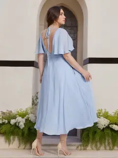 A-Line/Princess V-Neck Short Sleeves Tea-Length Plus Size Bridesmaid Dresses with Ruffles — view 2
