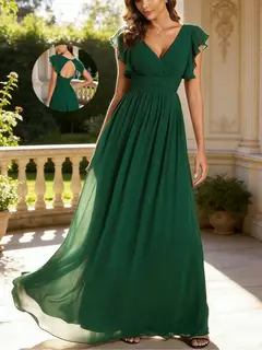 A-Line/Princess Chiffon V-Neck Bridesmaid Dresses with Ruffles Short Sleeves Floor-Length — view 1