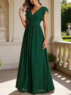 A-Line/Princess Chiffon V-Neck Bridesmaid Dresses with Ruffles Short Sleeves Floor-Length — view 2