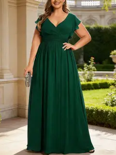 A-Line/Princess Chiffon V-Neck Bridesmaid Dresses with Ruffles Short Sleeves Floor-Length — view 4