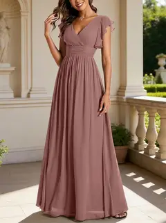 A-Line/Princess Chiffon V-Neck Bridesmaid Dresses with Ruffles Short Sleeves Floor-Length — view 5