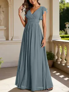A-Line/Princess Chiffon V-Neck Bridesmaid Dresses with Ruffles Short Sleeves Floor-Length — view 6