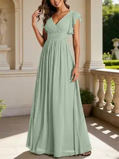 A-Line/Princess Chiffon V-Neck Bridesmaid Dresses with Ruffles Short Sleeves Floor-Length — view 7