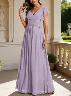 A-Line/Princess Chiffon V-Neck Bridesmaid Dresses with Ruffles Short Sleeves Floor-Length — view 9