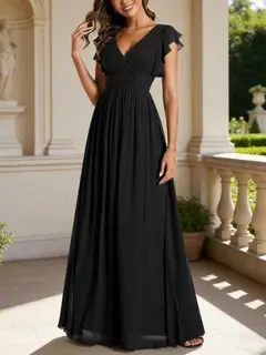 A-Line/Princess Chiffon V-Neck Bridesmaid Dresses with Ruffles Short Sleeves Floor-Length — view 10