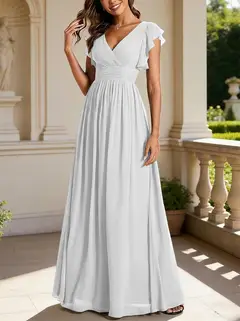 A-Line/Princess Chiffon V-Neck Bridesmaid Dresses with Ruffles Short Sleeves Floor-Length — view 11
