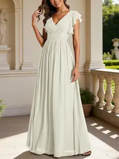 A-Line/Princess Chiffon V-Neck Bridesmaid Dresses with Ruffles Short Sleeves Floor-Length — view 12
