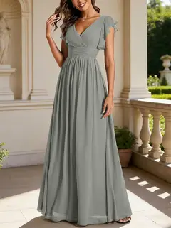 A-Line/Princess Chiffon V-Neck Bridesmaid Dresses with Ruffles Short Sleeves Floor-Length — view 13