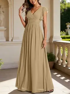 A-Line/Princess Chiffon V-Neck Bridesmaid Dresses with Ruffles Short Sleeves Floor-Length — view 14