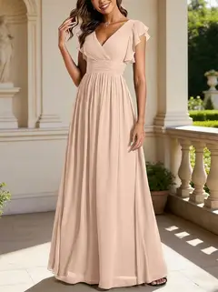 A-Line/Princess Chiffon V-Neck Bridesmaid Dresses with Ruffles Short Sleeves Floor-Length — view 15