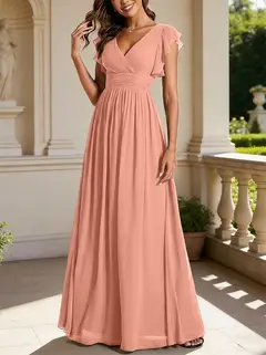 A-Line/Princess Chiffon V-Neck Bridesmaid Dresses with Ruffles Short Sleeves Floor-Length — view 16