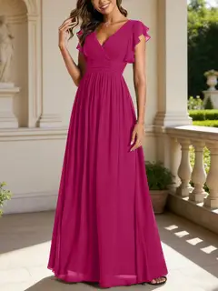 A-Line/Princess Chiffon V-Neck Bridesmaid Dresses with Ruffles Short Sleeves Floor-Length — view 17