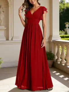 A-Line/Princess Chiffon V-Neck Bridesmaid Dresses with Ruffles Short Sleeves Floor-Length — view 18