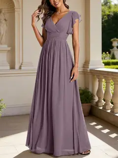 A-Line/Princess Chiffon V-Neck Bridesmaid Dresses with Ruffles Short Sleeves Floor-Length — view 20