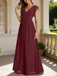 A-Line/Princess Chiffon V-Neck Bridesmaid Dresses with Ruffles Short Sleeves Floor-Length — view 21