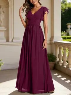 A-Line/Princess Chiffon V-Neck Bridesmaid Dresses with Ruffles Short Sleeves Floor-Length — view 22