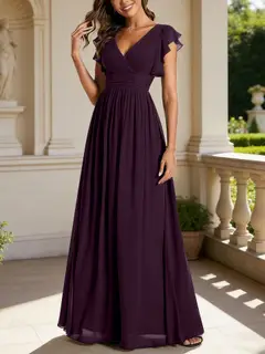 A-Line/Princess Chiffon V-Neck Bridesmaid Dresses with Ruffles Short Sleeves Floor-Length — view 24
