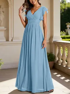 A-Line/Princess Chiffon V-Neck Bridesmaid Dresses with Ruffles Short Sleeves Floor-Length — view 25