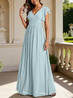 A-Line/Princess Chiffon V-Neck Bridesmaid Dresses with Ruffles Short Sleeves Floor-Length — view 26