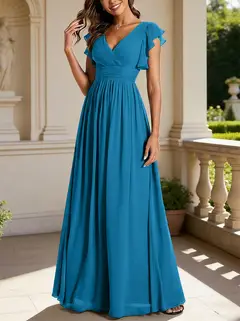 A-Line/Princess Chiffon V-Neck Bridesmaid Dresses with Ruffles Short Sleeves Floor-Length — view 27