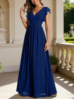 A-Line/Princess Chiffon V-Neck Bridesmaid Dresses with Ruffles Short Sleeves Floor-Length — view 28