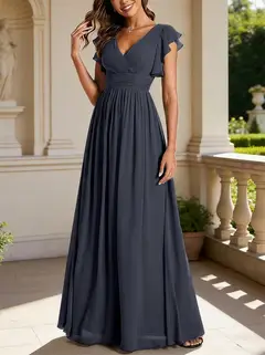 A-Line/Princess Chiffon V-Neck Bridesmaid Dresses with Ruffles Short Sleeves Floor-Length — view 29