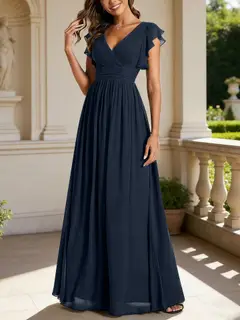 A-Line/Princess Chiffon V-Neck Bridesmaid Dresses with Ruffles Short Sleeves Floor-Length — view 30