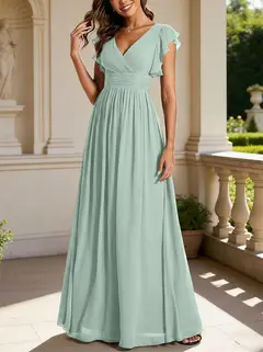 A-Line/Princess Chiffon V-Neck Bridesmaid Dresses with Ruffles Short Sleeves Floor-Length — view 31