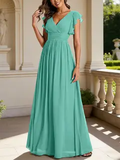 A-Line/Princess Chiffon V-Neck Bridesmaid Dresses with Ruffles Short Sleeves Floor-Length — view 32