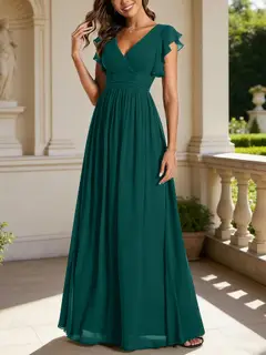 A-Line/Princess Chiffon V-Neck Bridesmaid Dresses with Ruffles Short Sleeves Floor-Length — view 33