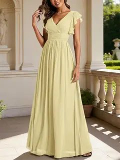A-Line/Princess Chiffon V-Neck Bridesmaid Dresses with Ruffles Short Sleeves Floor-Length — view 34