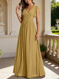A-Line/Princess Chiffon V-Neck Bridesmaid Dresses with Ruffles Short Sleeves Floor-Length — view 35