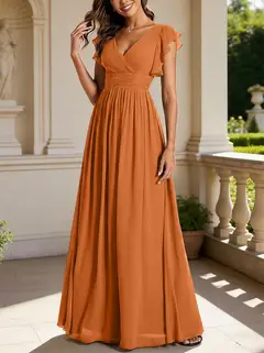 A-Line/Princess Chiffon V-Neck Bridesmaid Dresses with Ruffles Short Sleeves Floor-Length — view 36