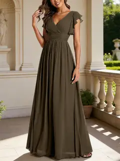 A-Line/Princess Chiffon V-Neck Bridesmaid Dresses with Ruffles Short Sleeves Floor-Length — view 37