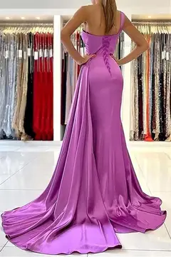 Mermaid/Trumpet Satin One-Shoulder Sleeveless Floor-Length Bridesmaid Dresses — view 2