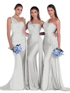 Mermaid/Trumpet Satin One-Shoulder Sleeveless Floor-Length Bridesmaid Dresses — view 5