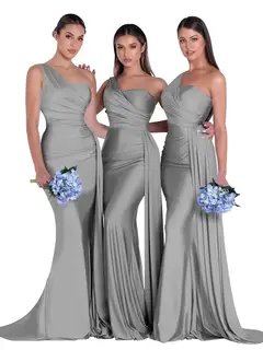 Mermaid/Trumpet Satin One-Shoulder Sleeveless Floor-Length Bridesmaid Dresses — view 6