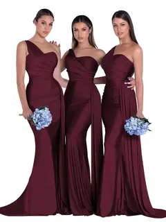 Mermaid/Trumpet Satin One-Shoulder Sleeveless Floor-Length Bridesmaid Dresses — view 7