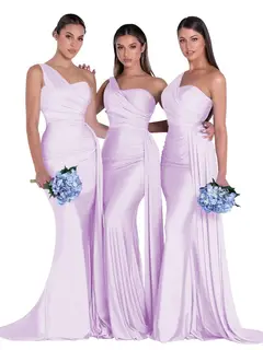 Mermaid/Trumpet Satin One-Shoulder Sleeveless Floor-Length Bridesmaid Dresses — view 8