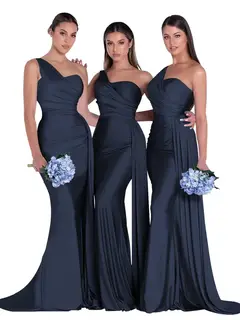 Mermaid/Trumpet Satin One-Shoulder Sleeveless Floor-Length Bridesmaid Dresses — view 9