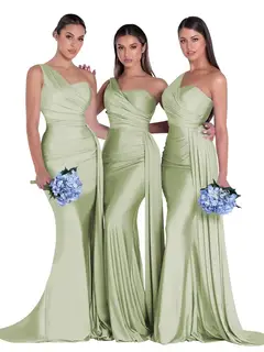 Mermaid/Trumpet Satin One-Shoulder Sleeveless Floor-Length Bridesmaid Dresses — view 10