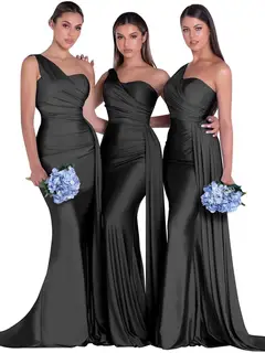 Mermaid/Trumpet Satin One-Shoulder Sleeveless Floor-Length Bridesmaid Dresses — view 11