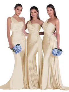 Mermaid/Trumpet Satin One-Shoulder Sleeveless Floor-Length Bridesmaid Dresses — view 12