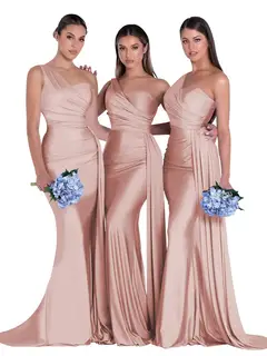 Mermaid/Trumpet Satin One-Shoulder Sleeveless Floor-Length Bridesmaid Dresses — view 15