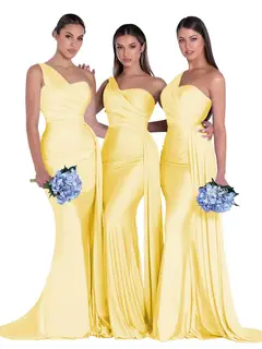 Mermaid/Trumpet Satin One-Shoulder Sleeveless Floor-Length Bridesmaid Dresses — view 16